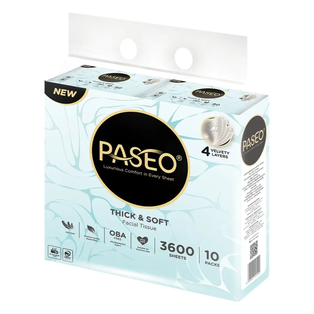 Khăn Giấy Lau Mặt 4 Lớp, Thick & Soft Facial Tissue, 10 Gói, 900 Tờ - PASEO