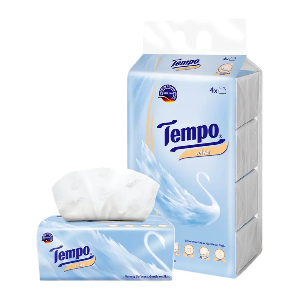 Khăn Giấy Rút 4 Lớp Không Mùi, Velvet Softpack Unscented Facial Tissue, 4 Gói, 320 Tờ (160 x 196mm) - TEMPO