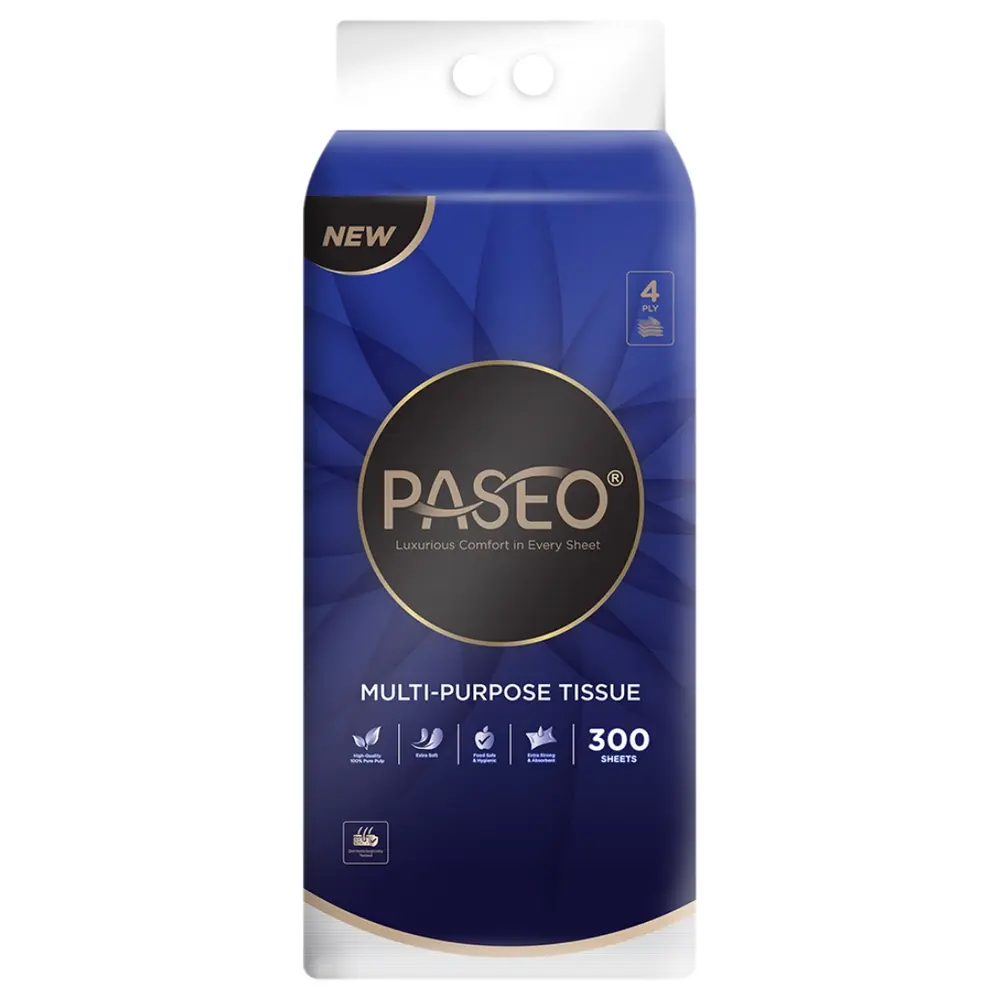 Khăn Giấy Rút 4 Lớp Đa Năng Treo Tường, Multi-Purpose Tissue Bottom Pull, 300 Tờ (175 x 154mm) - PASEO