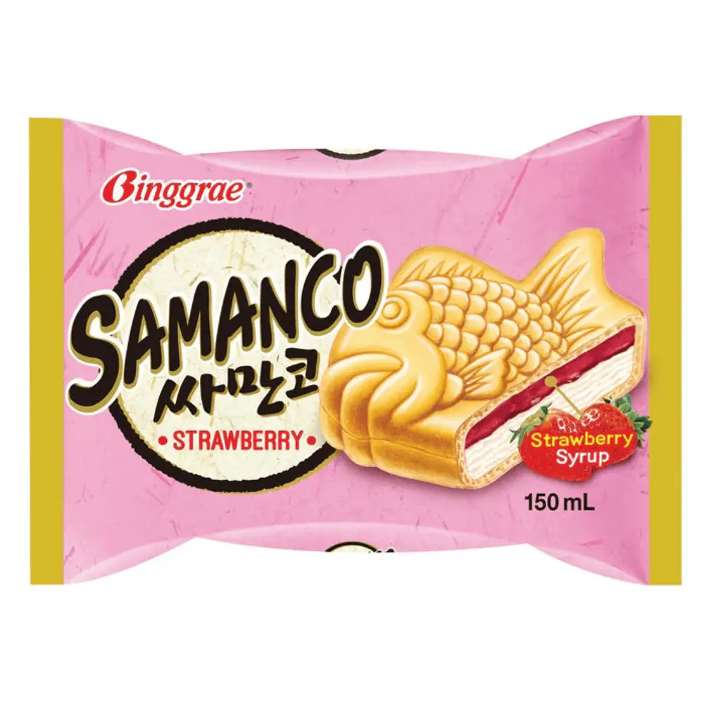 Kem Bánh Cá Vani Nhân Dâu, Samanco, Vanilla Ice Cream Sandwich with Strawberry Syrup (150ml) - BINGGRAE