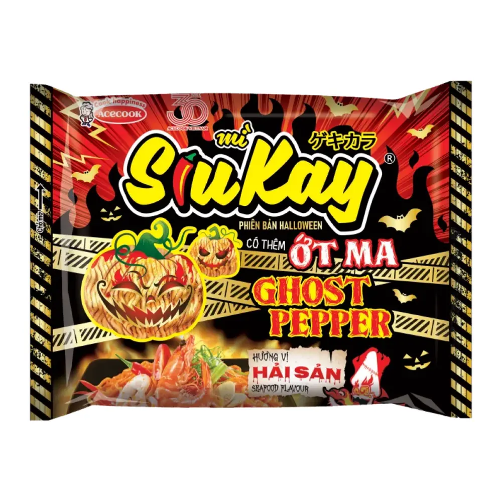 Mì Tôm Hương Vị Hải Sản Ớt Ma, SiuKay, Super Spicy Ramen, Seafood Flavour with Ghost Pepper (128g) - ACECOOK