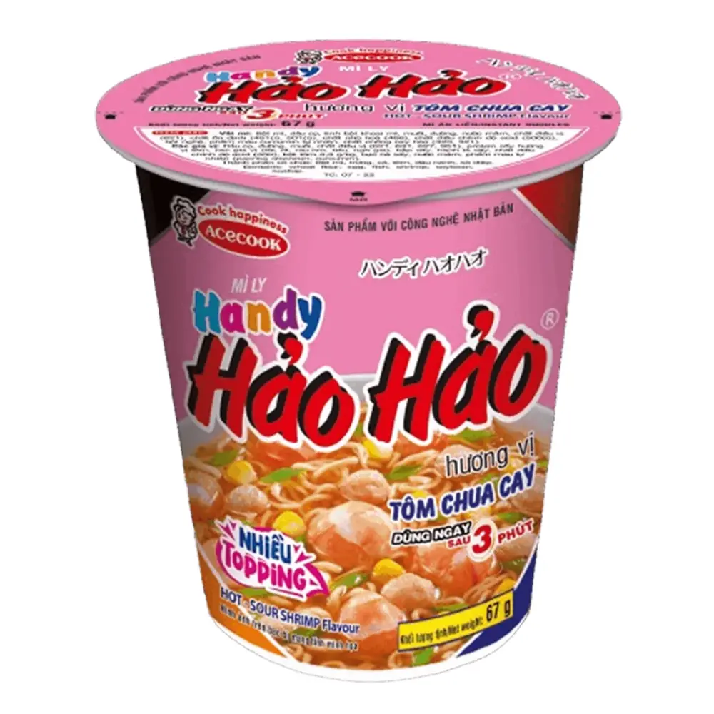 Mì Ly Hương Vị Tôm Chua Cay, Handy Hảo Hảo, Instant Noodle Cup, Hot & Sour Shrimp Flavour (67g) - ACECOOK