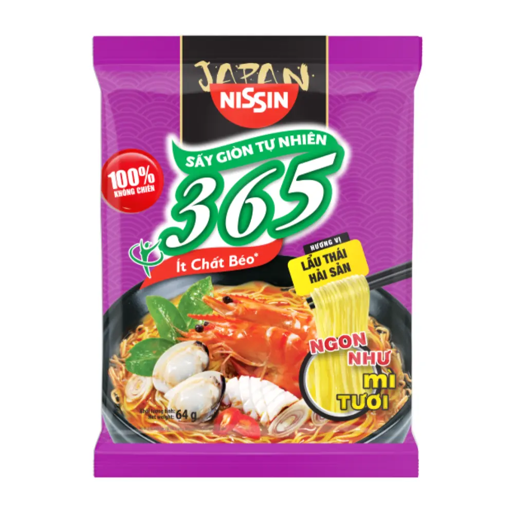 Mì Không Chiên Hương Vị Lẩu Thái Hải Sản, 365 Air-Dried Instant Noodles, Seafood Thai Hot Pot Flavor (68g) - NISSIN