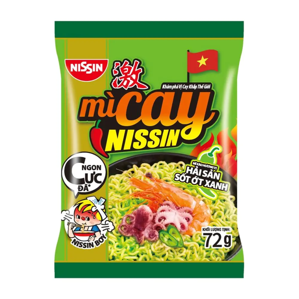Mì Cay, Mì Xào Hương Vị Hải Sản Xốt Ớt Xanh, Instant Fried Noodles, Seafood with Green Chili Sauce (72g) - NISSIN
