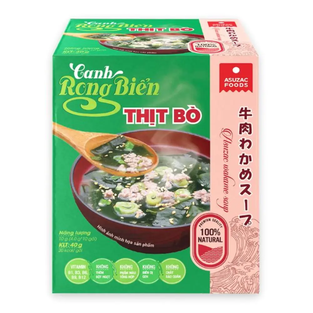 Canh Rong Biển Thịt Bò, Asuzac Wakame Soup with Beef, 10 Gói (40g) - ASUZAC FOODS