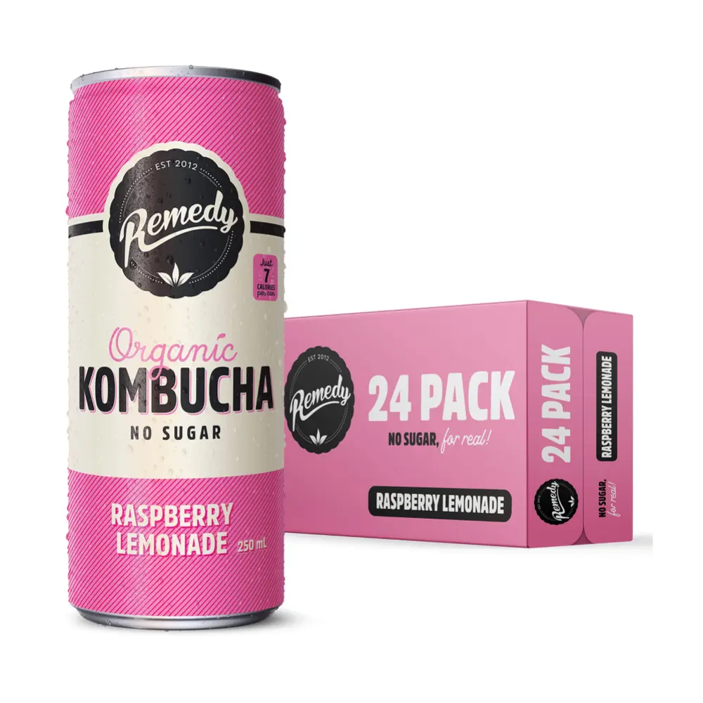 Trà Lên Men Hữu Cơ Vị Mâm Xôi Soda Chanh, Organic Kombucha, Raspberry Lemonade, No Sugar (250ml) - REMEDY