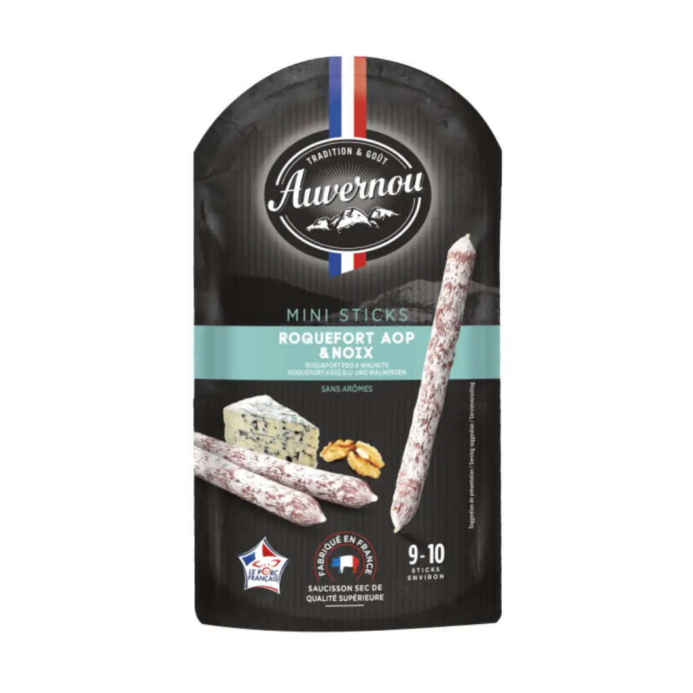 Xúc Xích Khô Mini Vị Phô Mai & Hạt Óc Chó, Mini Sticks, Dry Sausages, Roquefort PDO & Walnuts, 9-10 Cây (100g) - AUVERNOU