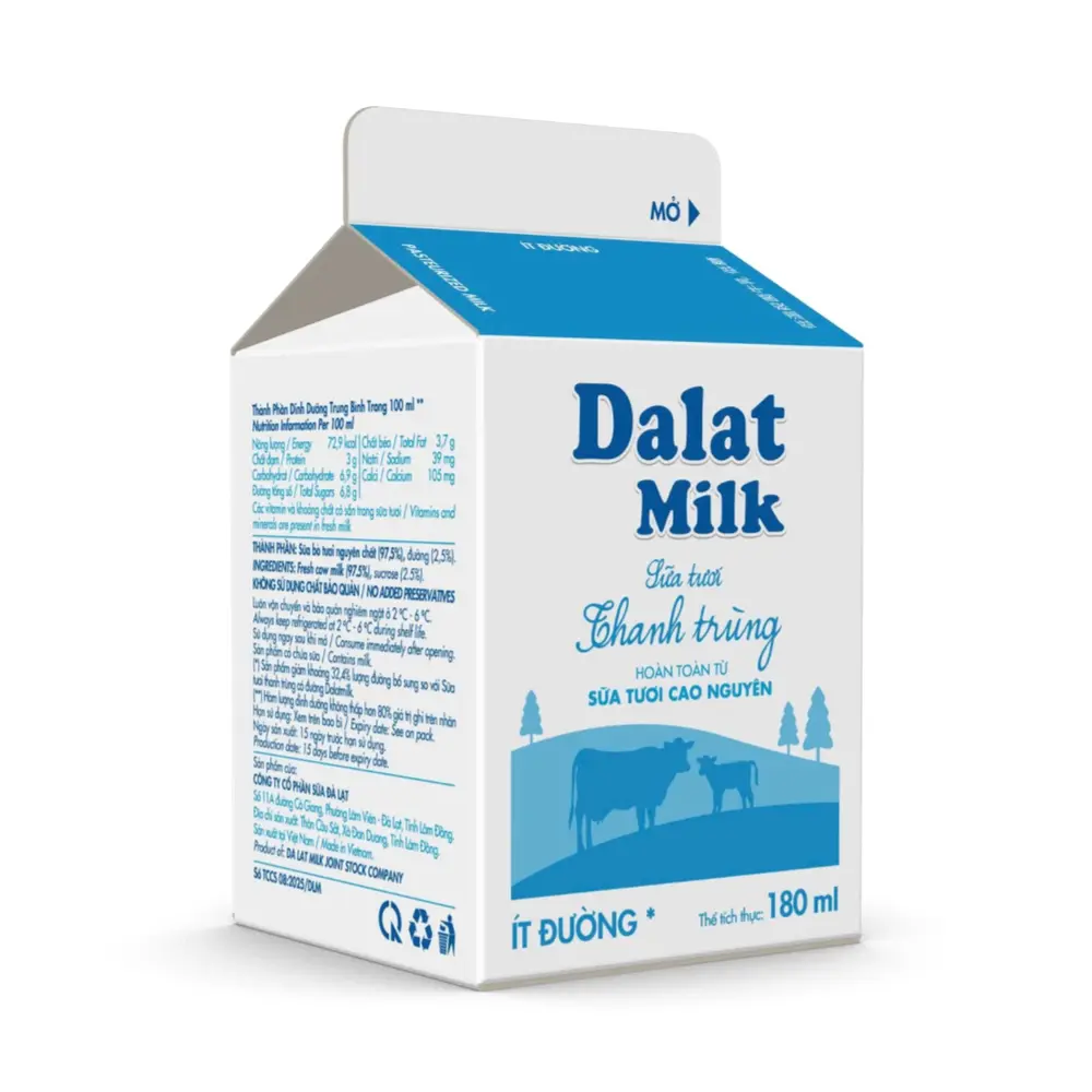 Sữa Tươi Thanh Trùng Ít Đường, Pasteurized Milk, Less Sugar (180ml) - DALAT MILK
