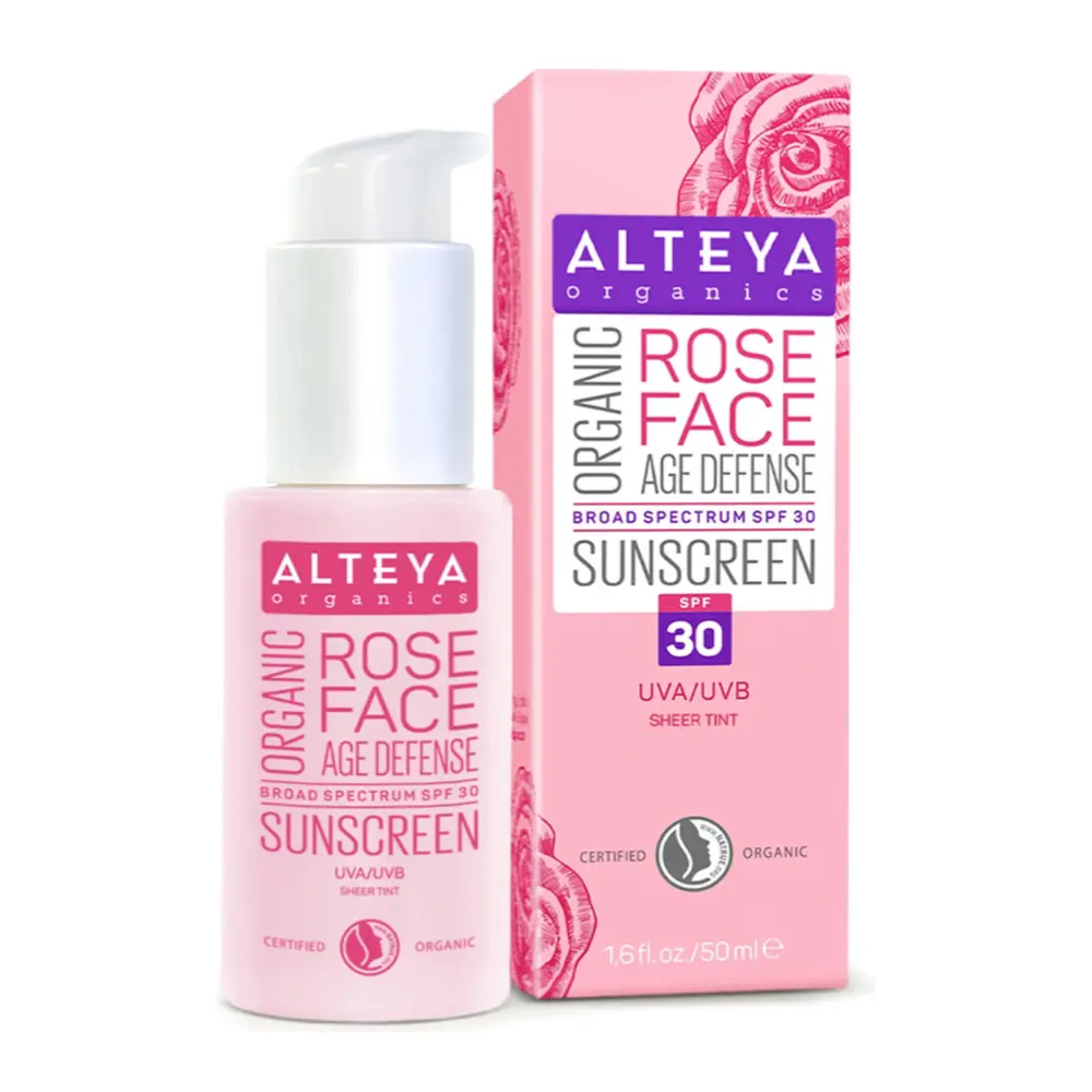 Kem Chống Nắng Hữu Cơ Cho Da Mặt, Organic Rose Face Age Defense Sunscreen, SPF 30 UVA/UVB Sheer Tint, 1.7 fl oz (50ml) - ALTEYA ORGANICS