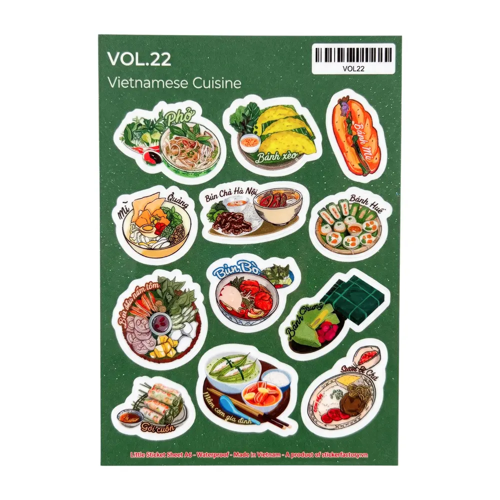 Hình Dán A6 Món Ăn Việt Nam Xanh Lá, Sticker Sheet Vietnamese Cuisine Green - SANNY SOUVENIR