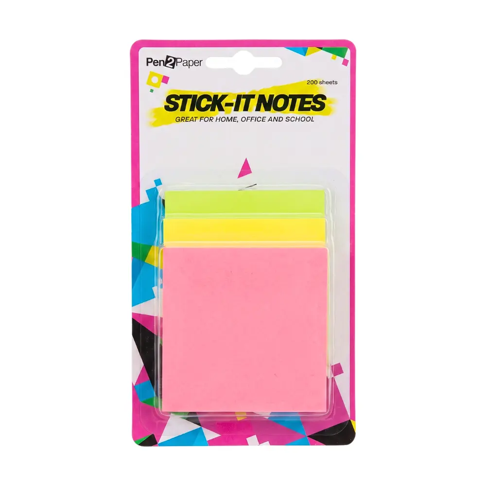 Giấy Ghi Chú Màu Neon, Pen2Paper, Stick-It Notes, 3 Gói (75 x 75mm) - UNCLE BILLS