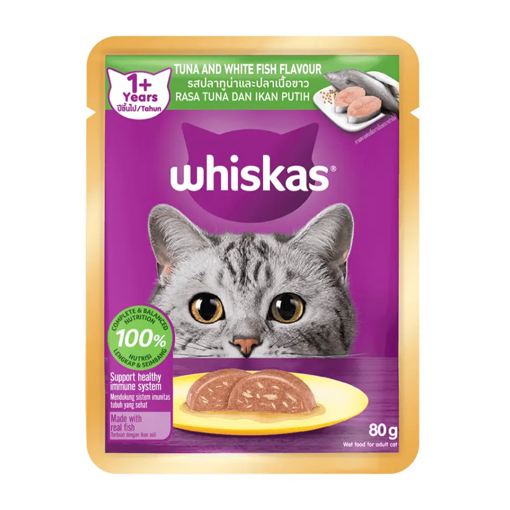 Thức Ăn Cho Mèo Vị Cá Ngừ & Cá Trắng, Cat Food, Tuna & White Fish, 1+ Tuổi (80g) - WHISKAS