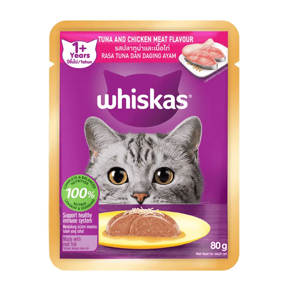 Thức Ăn Cho Mèo Vị Cá Ngừ & Thịt Gà, Cat Food, Tuna & Chicken Meat, 1+ Tuổi (80g) - WHISKAS