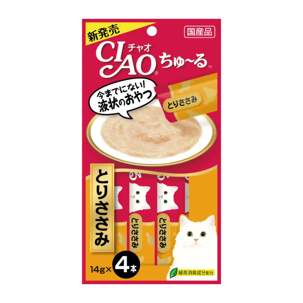 Thức Ăn Bổ Sung Cho Mèo Vị Gà, Churu Chicken Fillet & Green Tea Powder, 4 Gói (56g) - CIAO