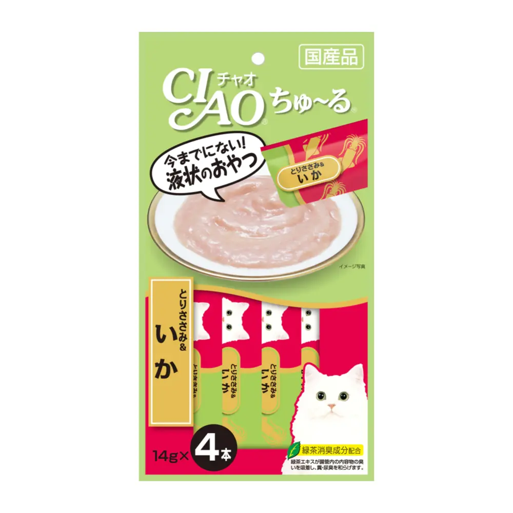 Thức Ăn Bổ Sung Cho Mèo Vị Gà & Mực, Churu Chicken Fillet & Squid & Green Tea Powder, 4 Gói (56g) - CIAO