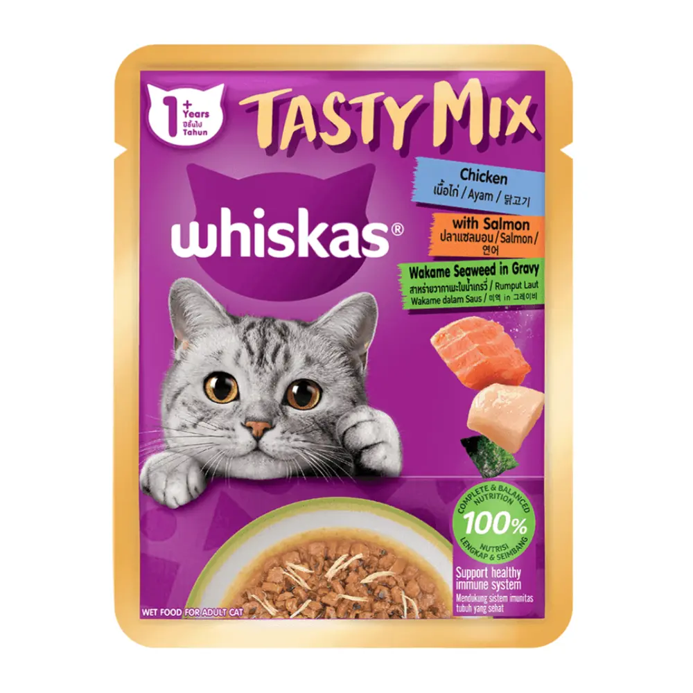 Thức Ăn Cho Mèo Vị Thịt Gà, Cá Hồi & Rong Biển, Cat Food, Tasty Mix with Chicken, Salmon & Wakame Seaweed in Gravy, 1+ Tuổi (70g) - WHISKAS
