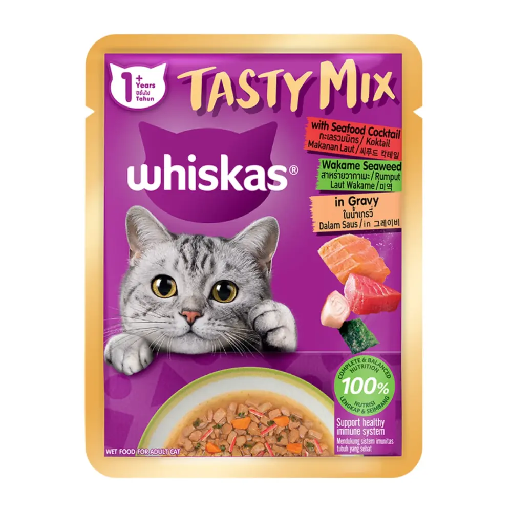 Thức Ăn Cho Mèo Vị Hải Sản & Rong Biển, Cat Food, Tasty Mix with Seafood Cocktail & Wakame Seaweed in Gravy, 1+ Tuổi (70g) - WHISKAS