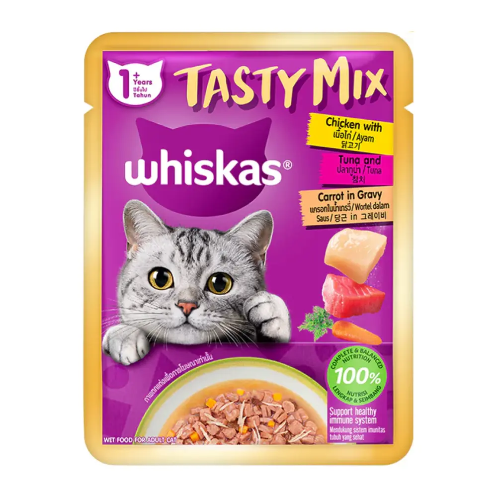 Thức Ăn Cho Mèo Vị Thịt Gà, Cá Ngừ & Cà Rốt, Cat Food, Tasty Mix with Chicken, Tuna & Carrot in Gravy, 1+ Tuổi (70g) - WHISKAS