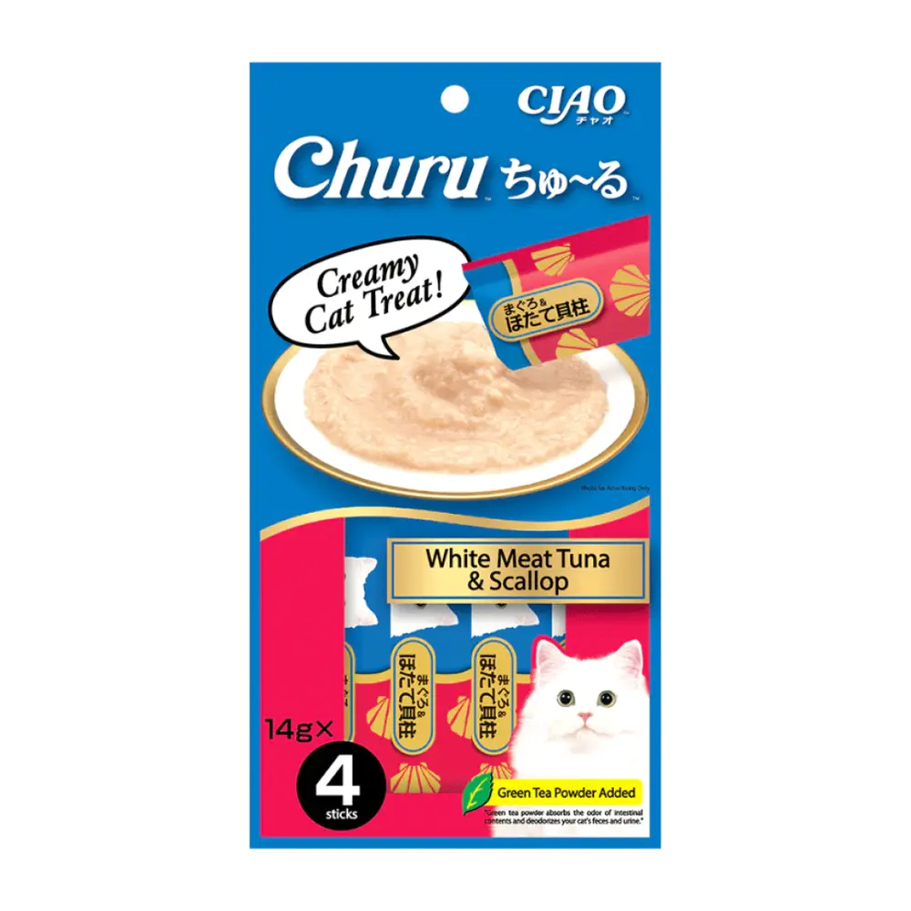 Thức Ăn Bổ Sung Cho Mèo Vị Cá Ngừ Trắng & Sò Điệp, Churu White Meat Tuna & Scallop, 4 Gói (56g) - CIAO