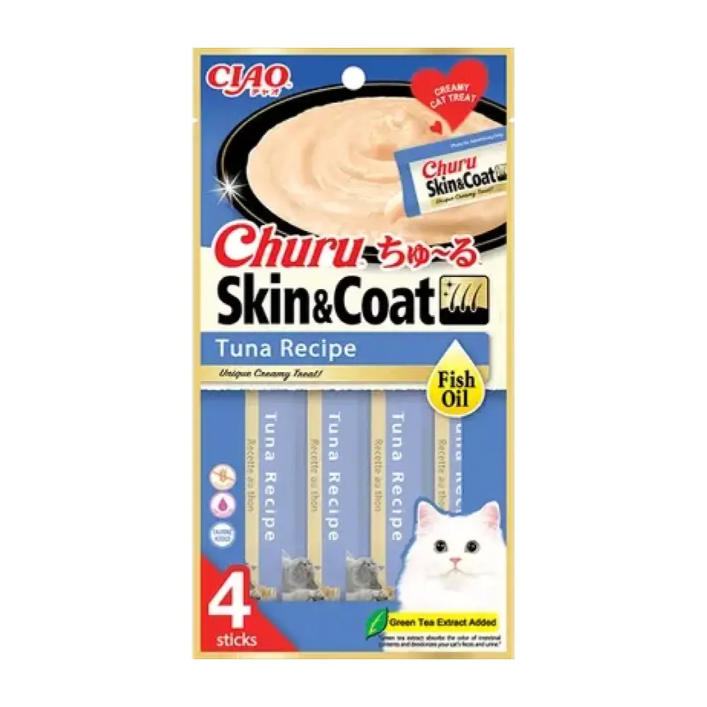 Súp Thưởng Vị Cá Ngừ & Dầu Cá, Ciao, Churu Skin & Coat, Tuna Recipe with Fish Oil, 4 Gói (56g) - INABA FOODS