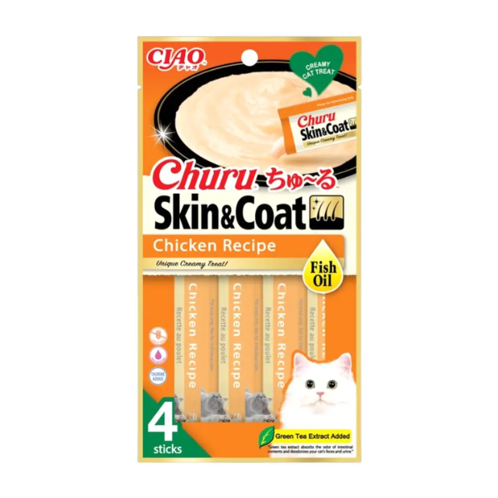 Súp Thưởng Vị Gà & Dầu Cá, Ciao, Churu Skin & Coat, Chicken Recipe with Fish Oil, 4 Gói (56g) - INABA FOODS