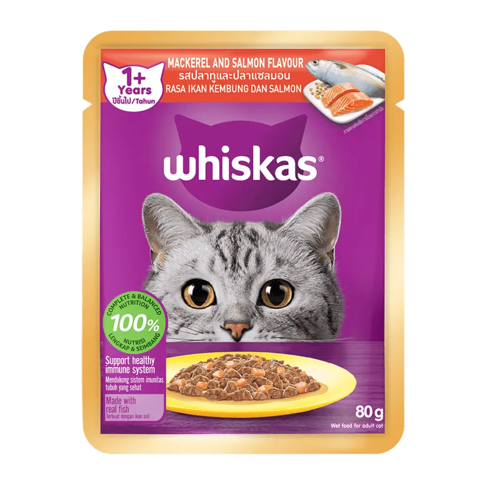 Thức Ăn Cho Mèo Vị Cá Thu & Cá Hồi, Cat Food, Mackerel & Salmon, 1+ Tuổi (80g) - WHISKAS
