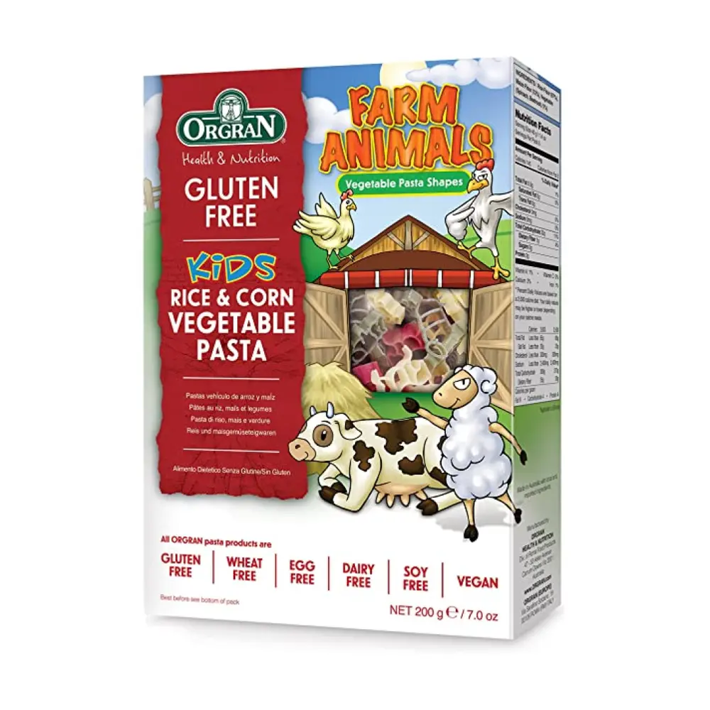Nui Rau Củ Hình Nông Trại, Farm Animals, Kids Rice & Corn Vegetable Pasta, Gluten Free, 7 oz (200g) - ORGRAN