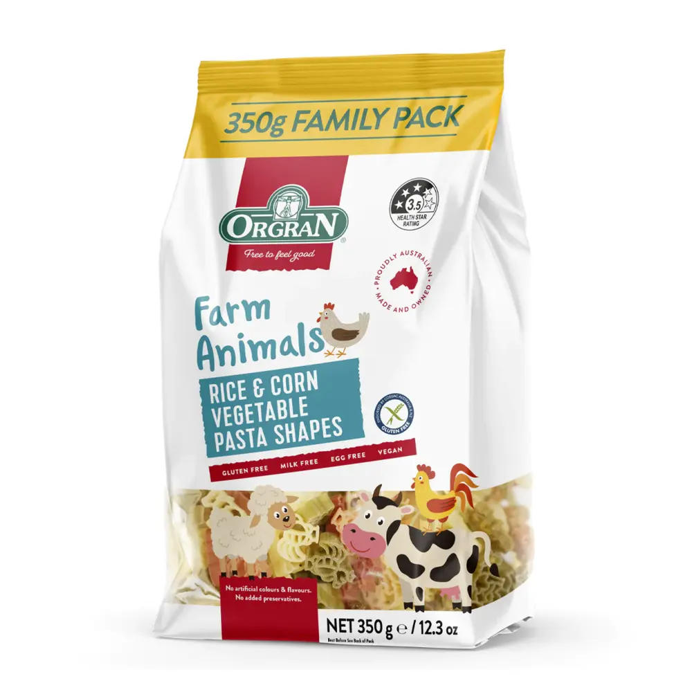 Nui Rau Củ Hình Nông Trại Từ Gạo & Bắp, Farm Animals, Rice & Corn Vegetable Pasta Animal Shapes, Gluten Fee, 12.3 oz (350g) - ORGRAN