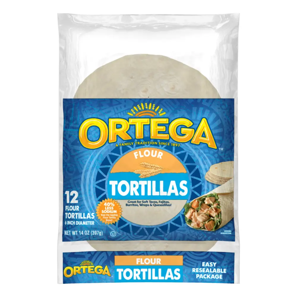Vỏ Bánh Tortilla, Flour Tortillas, 40% Less Sodium, 12 Cái, 14 oz (397g) - ORTEGA