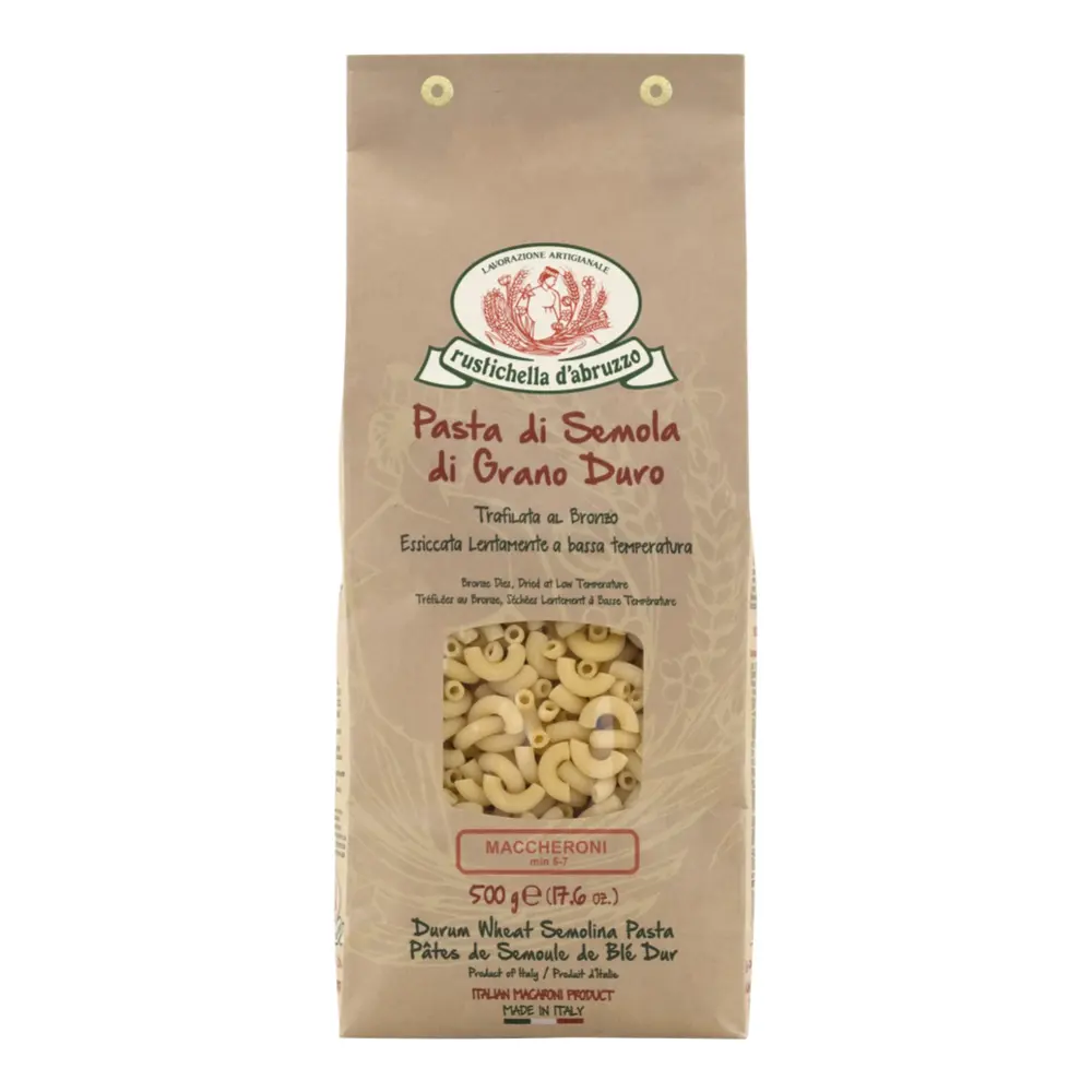 Nui Macaroni, Durum Wheat Semolina Pasta, Maccheroni, 17.6 oz (500g) - RUSTICHELLA D'ABRUZZO