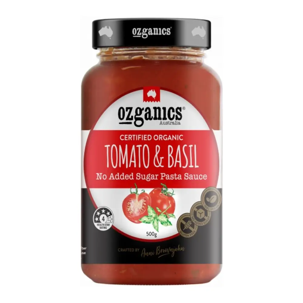 Sốt Cà Chua Húng Tây Hữu Cơ Không Đường, Certified Organic Tomato & Basil, No Added Sugar Pasta Sauce (500g) - OZGANICS