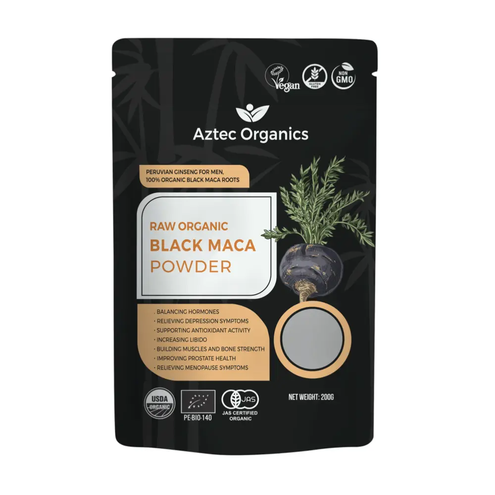 Bột Nhân Sâm Peru Đen Hữu Cơ, Raw Organic Black Maca Powder (200g) - AZTEC ORGANICS