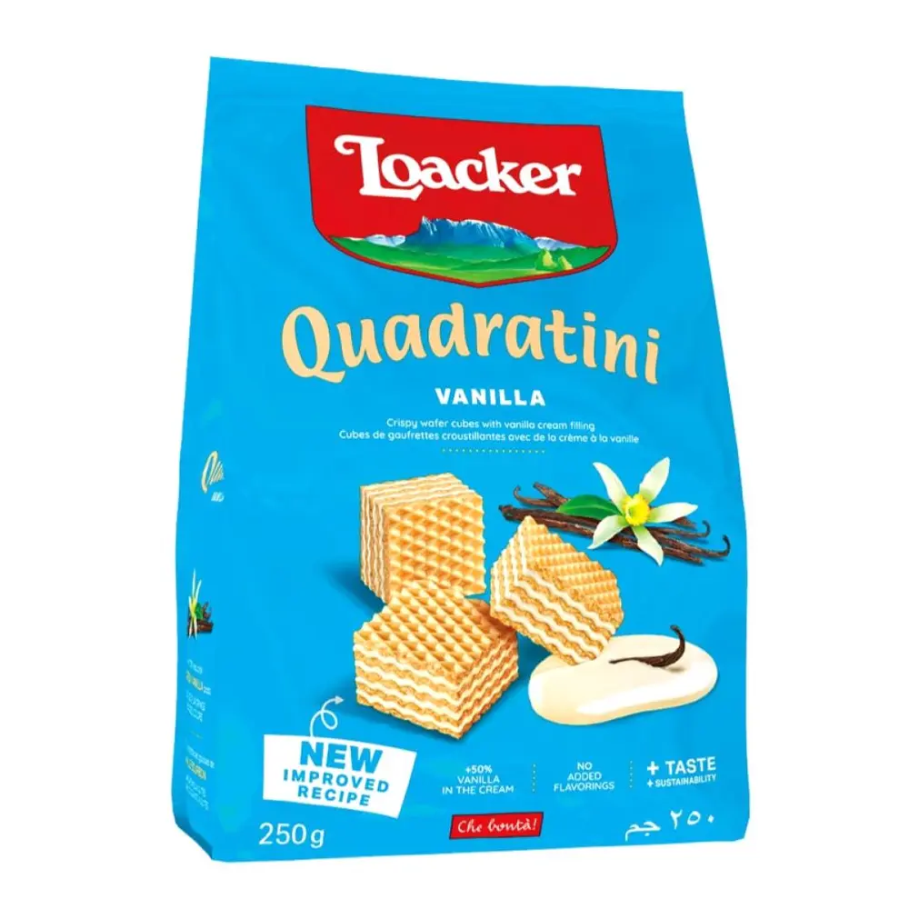 Bánh xốp Vani, Quadratini, Vanilla, Crispy Wafer Cubes with Vanilla Cream Filling, 8.82 oz (250g) - LOACKER