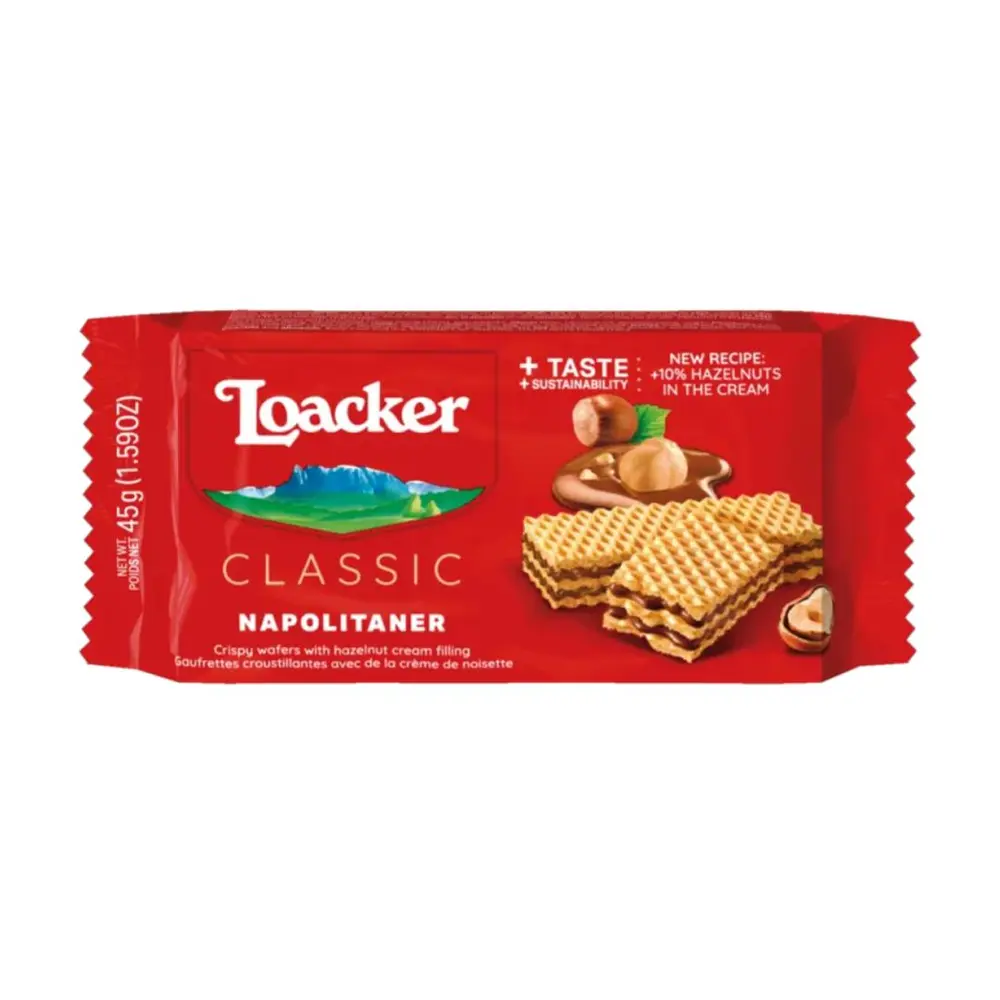 Bánh Xốp Hạt Phỉ, Classic, Napolitaner, Crispy Wafers with Hazelnut Cream Filling, 1.59 oz (45g) - LOACKER