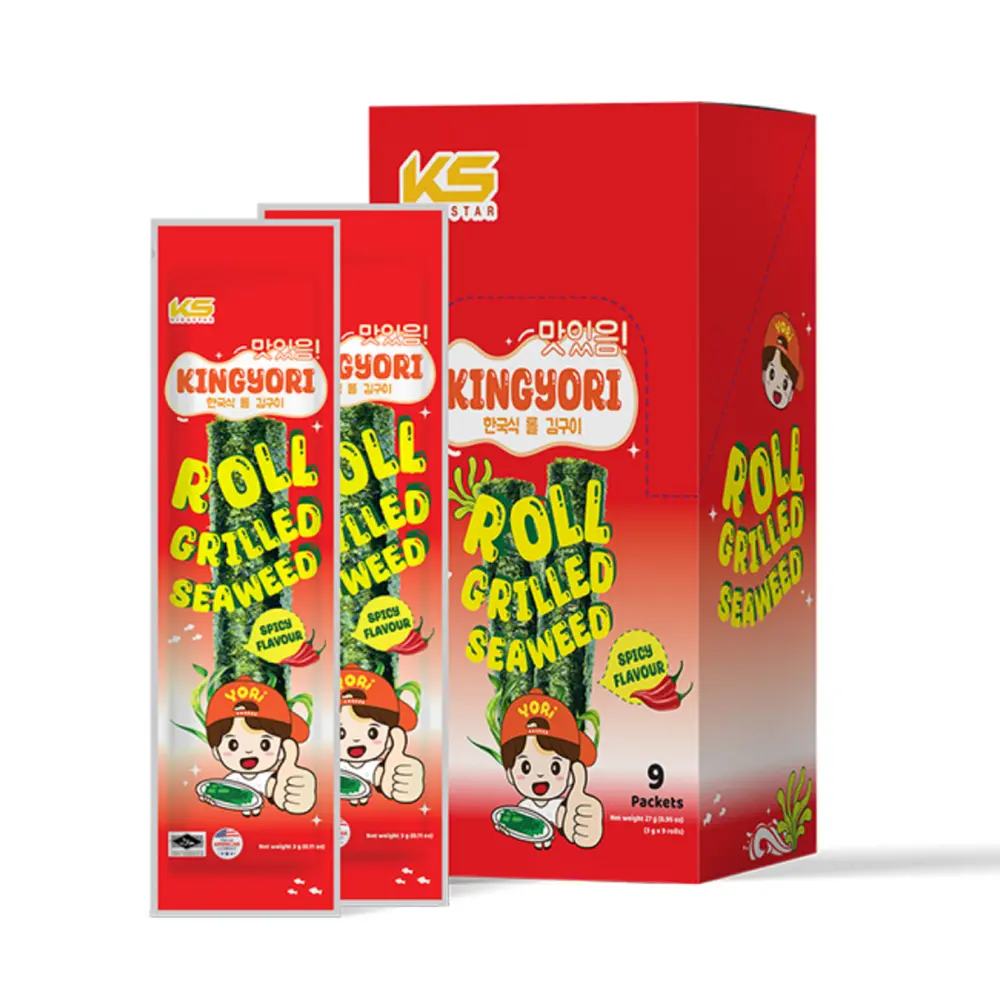 Tảo Ống Vị Cay, Kingyori, Roll Grilled Seaweed, Spicy Flavour, 9 Gói (27g) - KINGSTAR