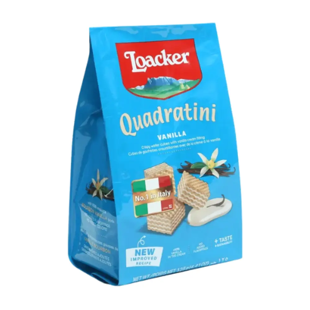 Bánh Xốp Vani, Quadratini, Vanilla, Crispy Wafer Cubes with Vanilla Cream Filling, 4.41 oz (125g) - LOACKER