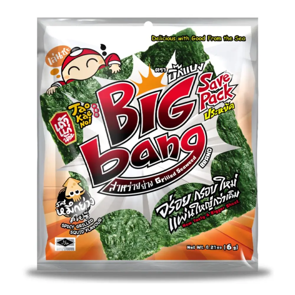 Snack Lá Rong Biển Giòn Vị Mực Cay, Big Bang, Grilled Seaweed Sheet, Spicy Grilled Squid, 0.21 oz (6g) - TAO KAE NOI