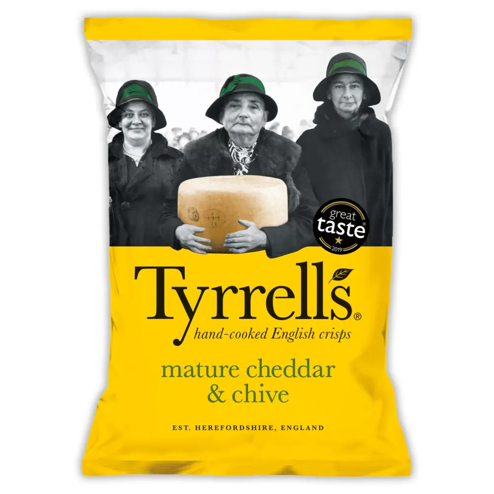 Khoai Tây Chiên Vị Phô Mai Cheddar & Hẹ, Hand-Cooked Crisps, Mature Cheddar & Chive (150g) - TYRRELLS
