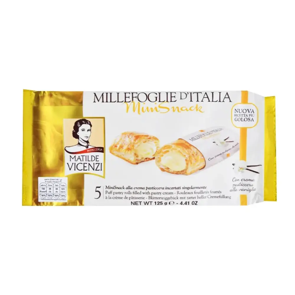 Bánh Puff Pastry Cuộn Kem Vani, Millefoglie di Matilde Mini Snack, Puff Pastry Rolls Filled with Pastry Cream, 4.41 oz (125g) - MATILDE VICENZI
