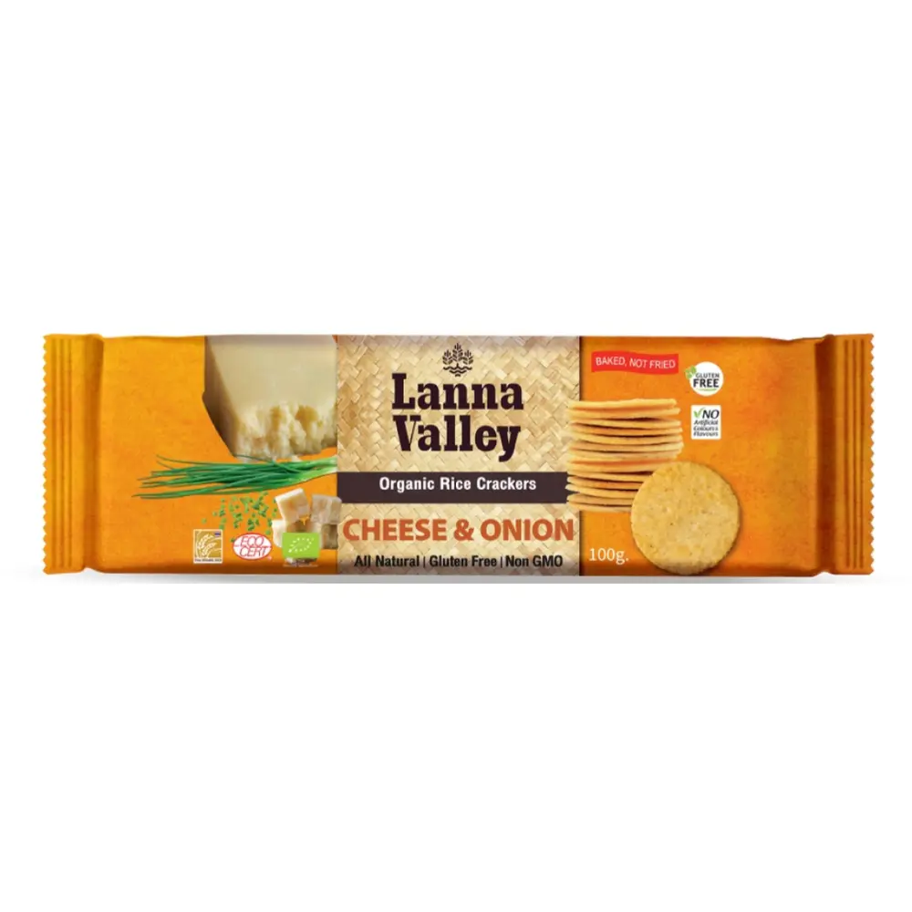 Bánh Gạo Hữu Cơ Vị Phô Mai & Hành Tây, Organic Rice Crackers, Cheese & Onion, Gluten Free (100g) - LANNA VALLEY