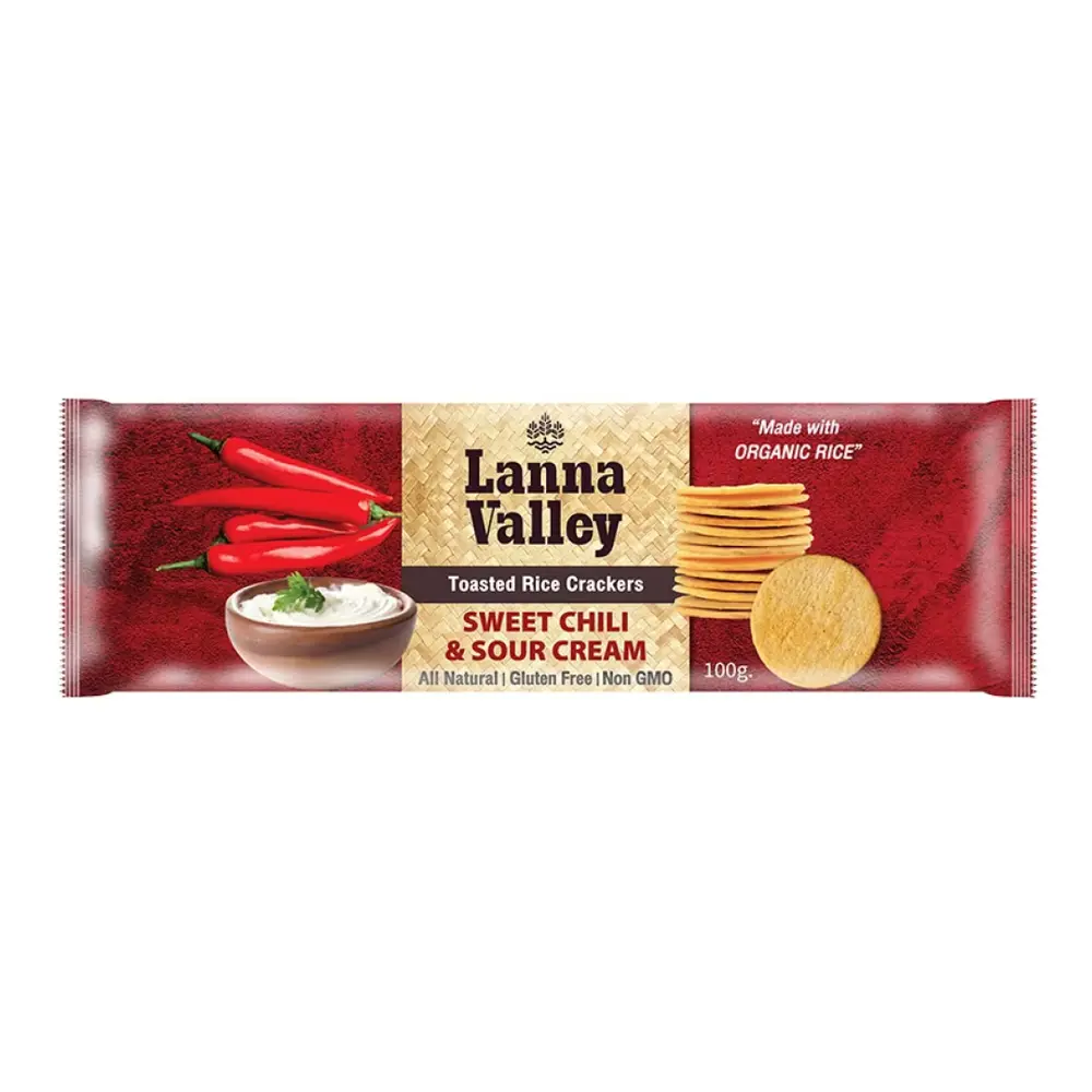 Bánh Gạo Hữu Cơ Vị Ớt Ngọt & Kem Chua, Organic Rice Crackers, Sweet Chili & Sour Cream, Gluten Free (100g) - LANNA VALLEY