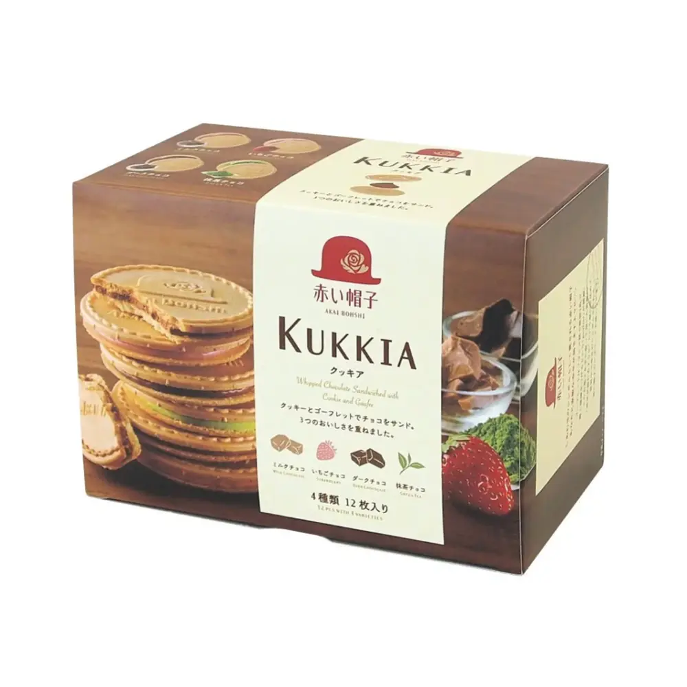 Bánh Xốp Kẹp Kem 4 Vị, Kukkia, Whipped Chocolate Sandwiched with Cookie & Gaufrette, 12 Cái (156g) - AKAI BOHSHI