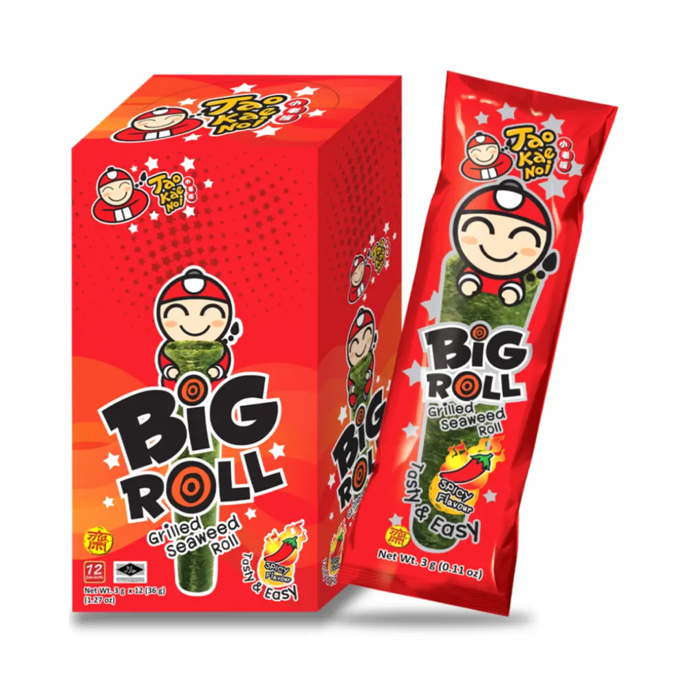 Rong Biển Cuộn Vị Cay, Big Roll, Grilled Seaweed Roll, Spicy Flavour, 12 Gói, 1.27 oz (36g) - TAO KAE NOI