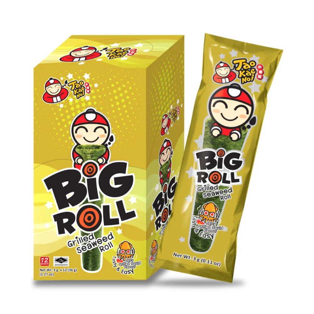 Rong Biển Cuộn Vị Mực Cay, Big Roll, Grilled Seaweed Roll, Spicy Grilled Squid Flavour, 12 Gói, 1.27 oz (36g) - TAO KAE NOI