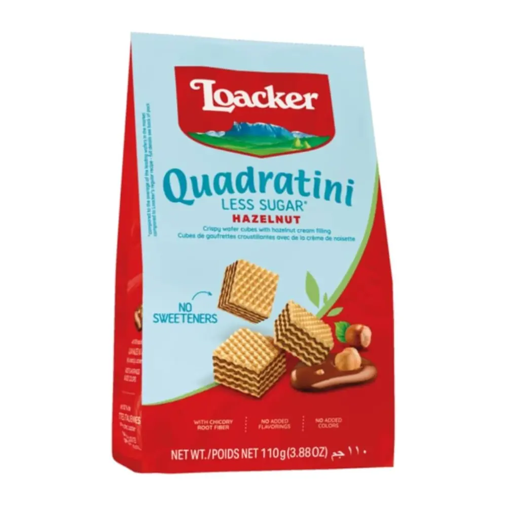 Bánh Xốp Hạt Phỉ Ít Đường, Quadratini Less Sugar, Hazelnut, Crispy Wafer Cubes with Hazelnut Cream Filling, 3.88 oz (110g) - LOACKER