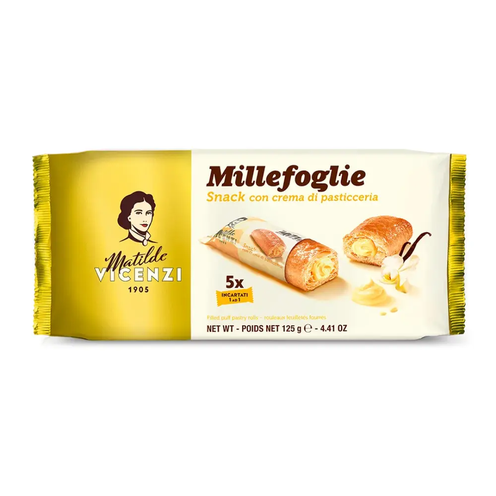 Bánh Ngàn Lớp Cuộn Kem Bánh Ngọt, Millefoglie Snack con Crema di Pasticceria, Filled Puff Pastry Rolls with Pastry Cream, 4.41 oz (125g) - MATILDE VICENZI