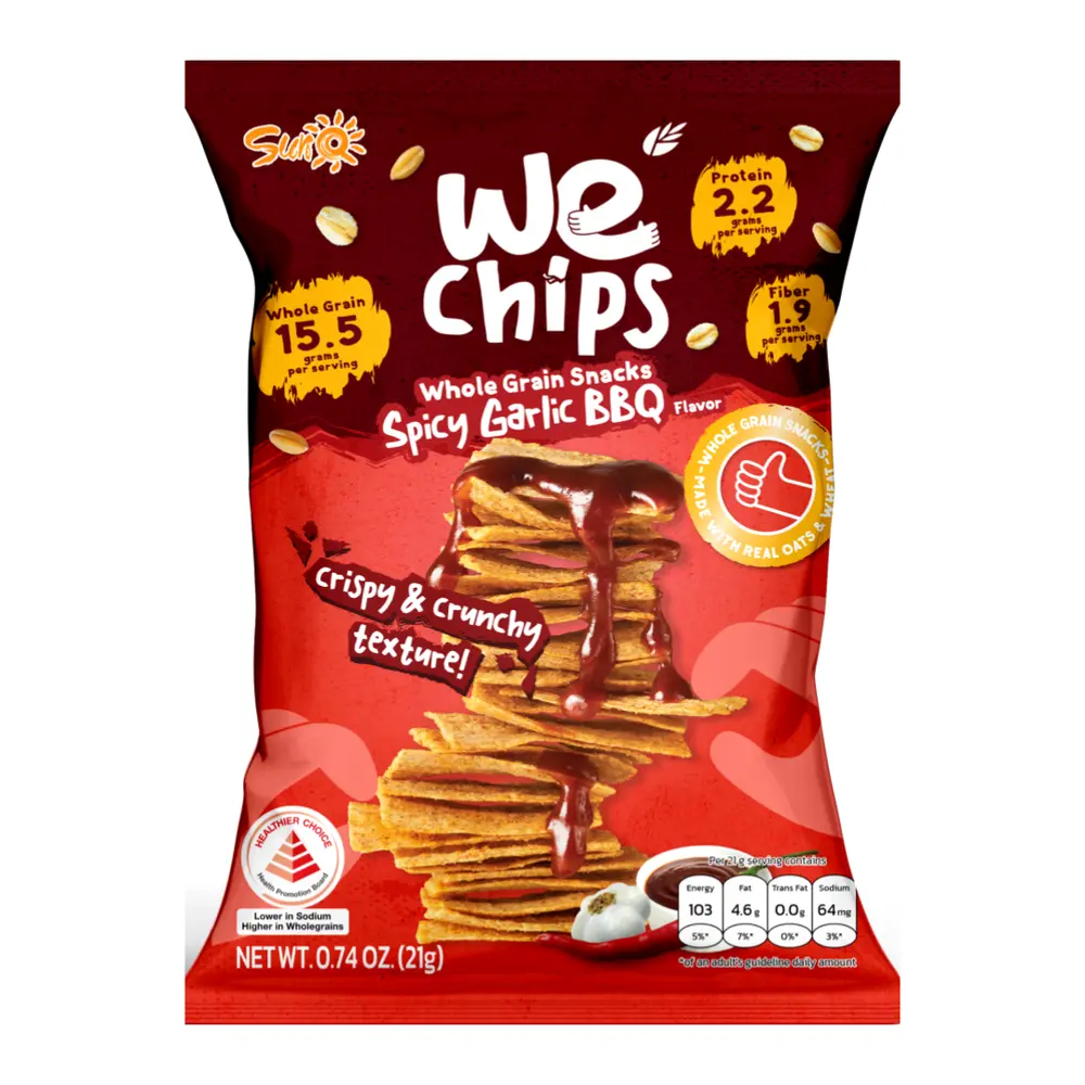 Snack Ngũ Cốc Nguyên Cám Vị BBQ Tỏi Cay, Whole Grain Chips, Spicy Garlic BBQ Flavor, 2.47 oz (70g) - WE CHIPS