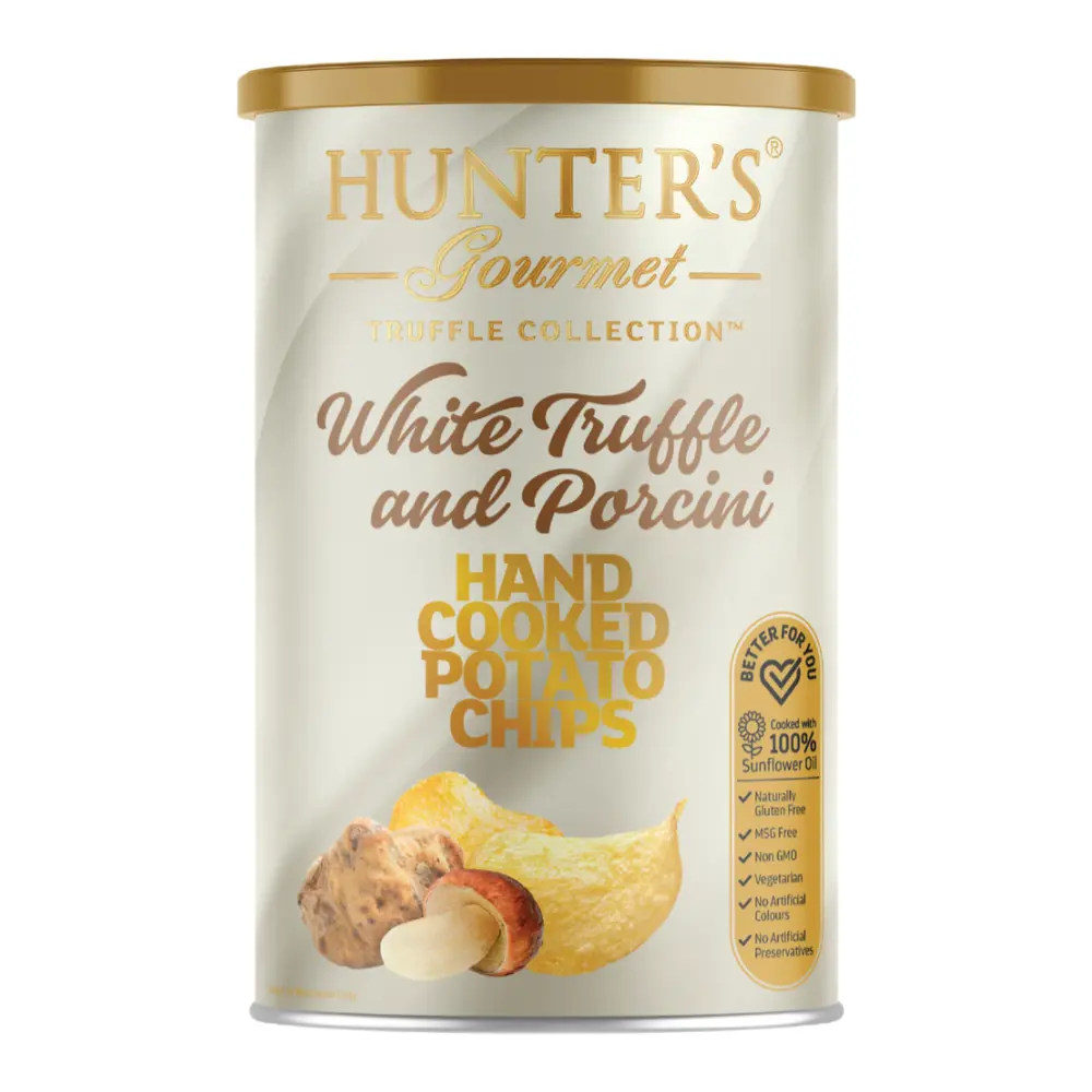 Khoai Tây Chiên Vị Nấm Truffle & Nấm Thông, Hunter`s Gourmet Truffle Collection, Hand Cooked Potato Chips, White Truffle & Porcini (150g) - HUNTER FOODS