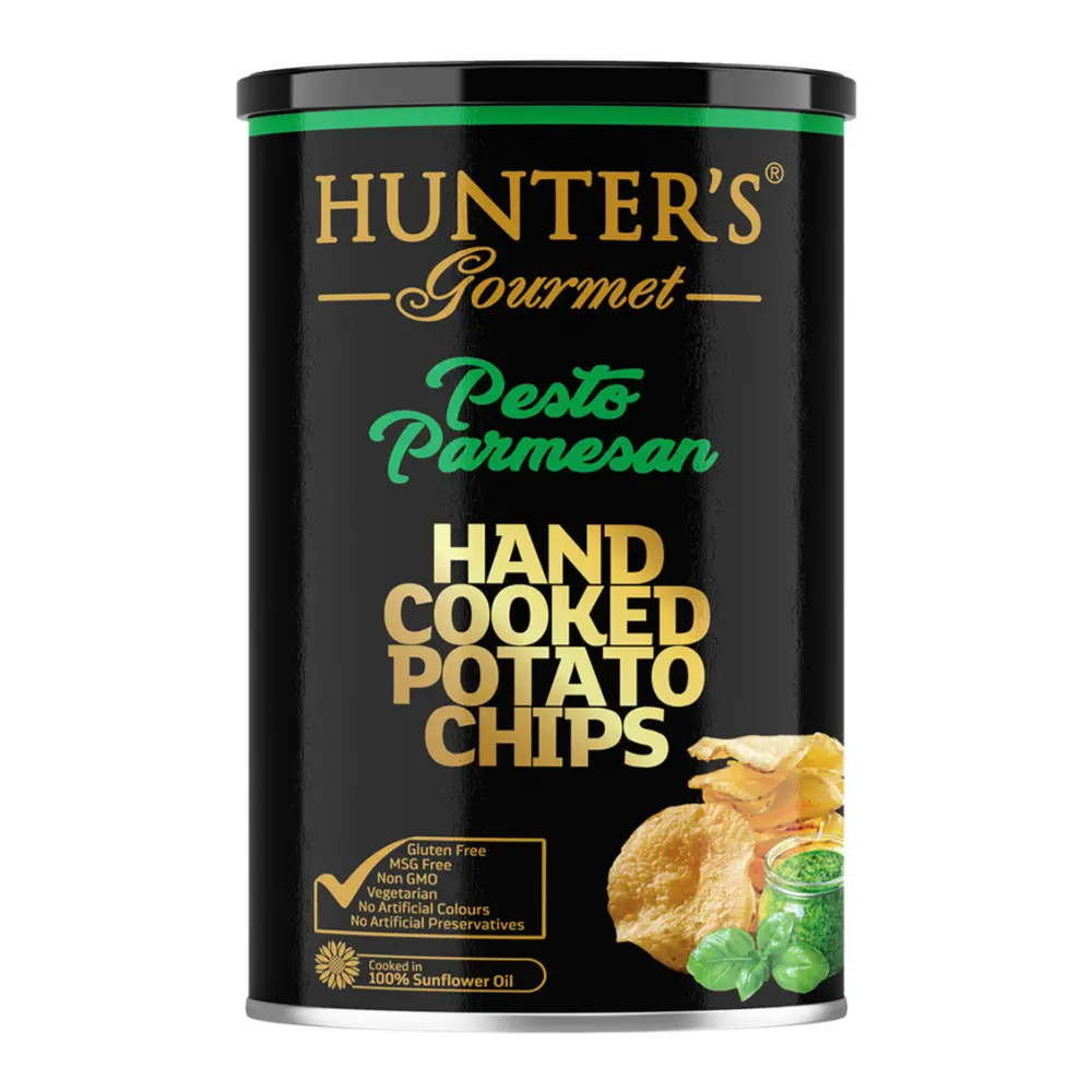 Khoai Tây Chiên Vị Phô Mai Parmesan & Sốt Pesto, Hunter`s Gourmet, Hand Cooked Potato Chips, Pesto Parmesan (150g) - HUNTER FOODS