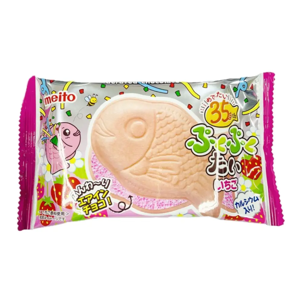 Bánh Cá Nhân Kem Dâu, Pukupuku Taiyaki Fish-Shaped Wafer with Strawberry Filling (16.5g) - MEITO